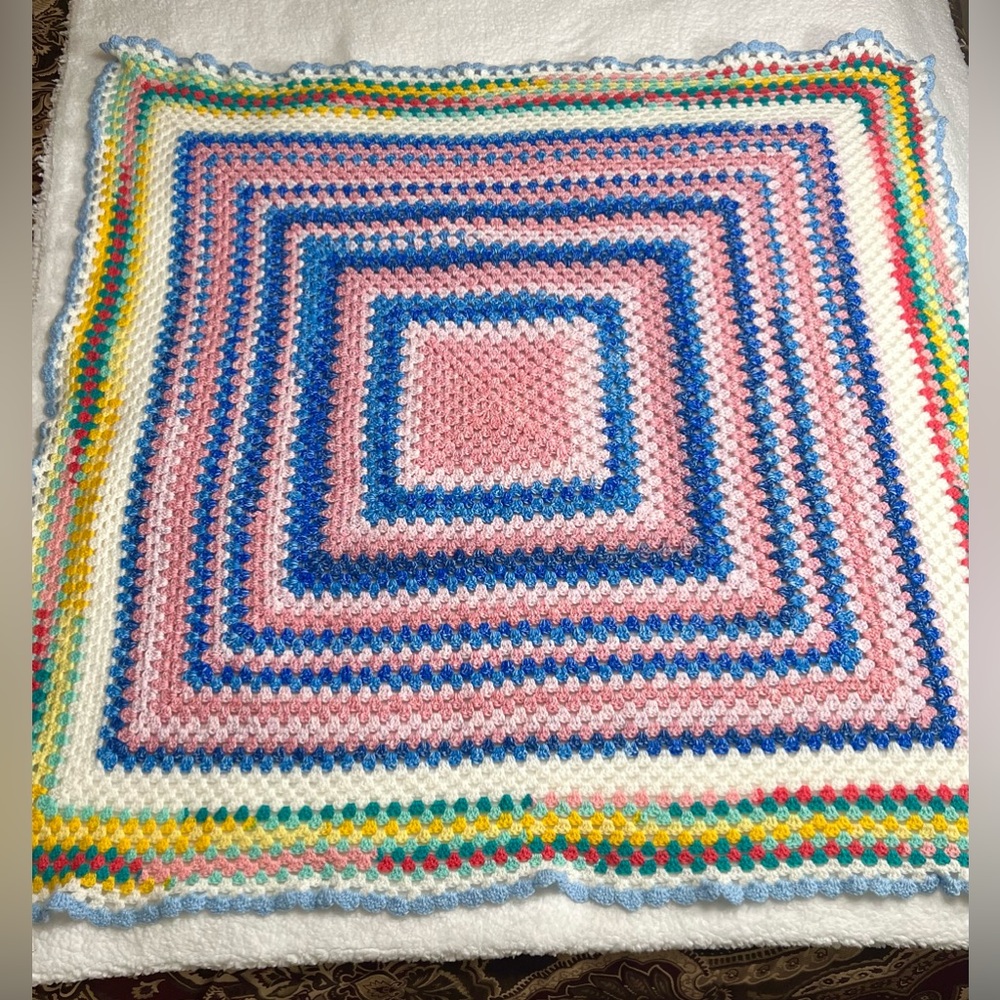 Hand Knit Crochet Throw Blanket Afghan Multicolor Granny Square 48”x49”